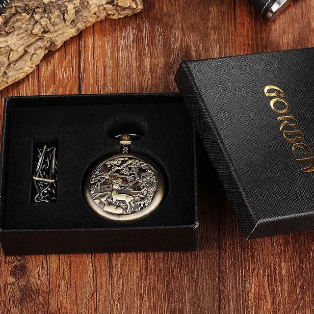Unisex Golden Sliver Bronze Hollow Goat Deer Mechanical Pocket FOB Watch