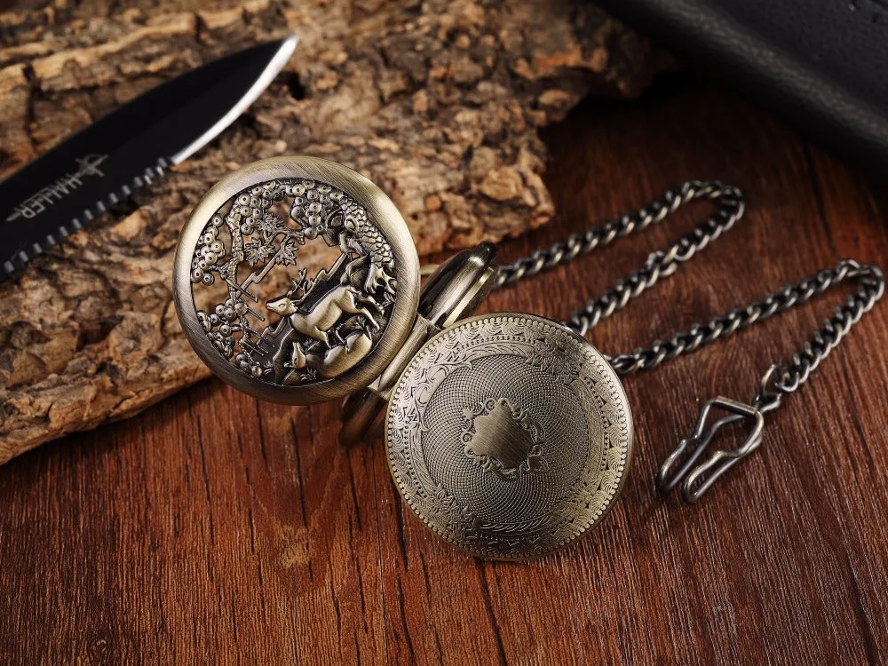 Unisex Golden Sliver Bronze Hollow Goat Deer Mechanical Pocket FOB Watch