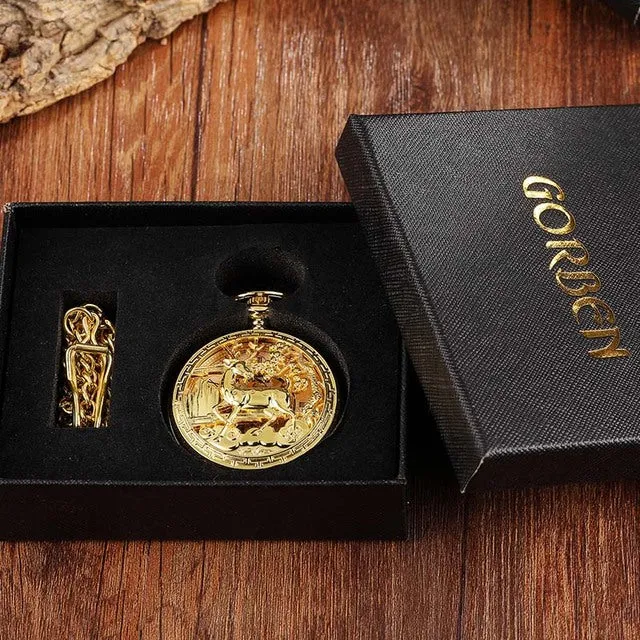 Unisex Golden Sliver Bronze Hollow Goat Deer Mechanical Pocket FOB Watch