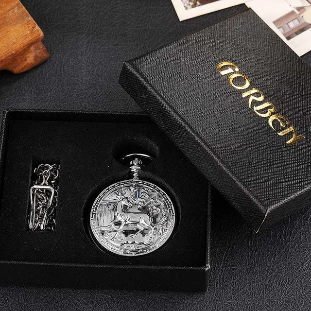 Unisex Golden Sliver Bronze Hollow Goat Deer Mechanical Pocket FOB Watch