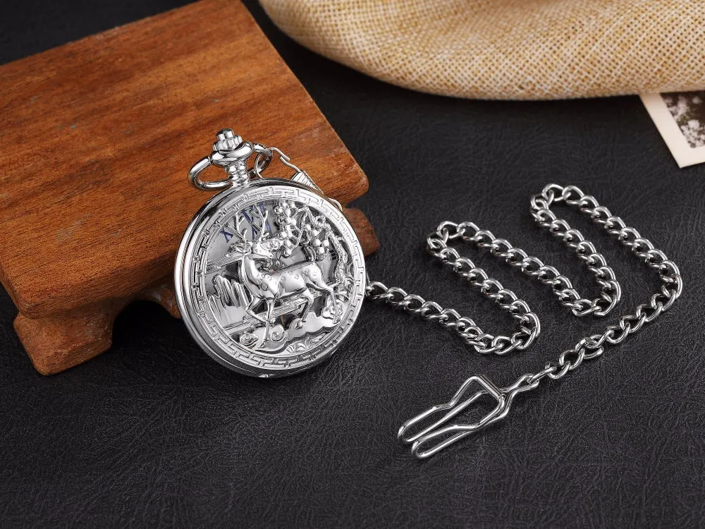 Unisex Golden Sliver Bronze Hollow Goat Deer Mechanical Pocket FOB Watch