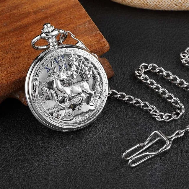 Unisex Golden Sliver Bronze Hollow Goat Deer Mechanical Pocket FOB Watch