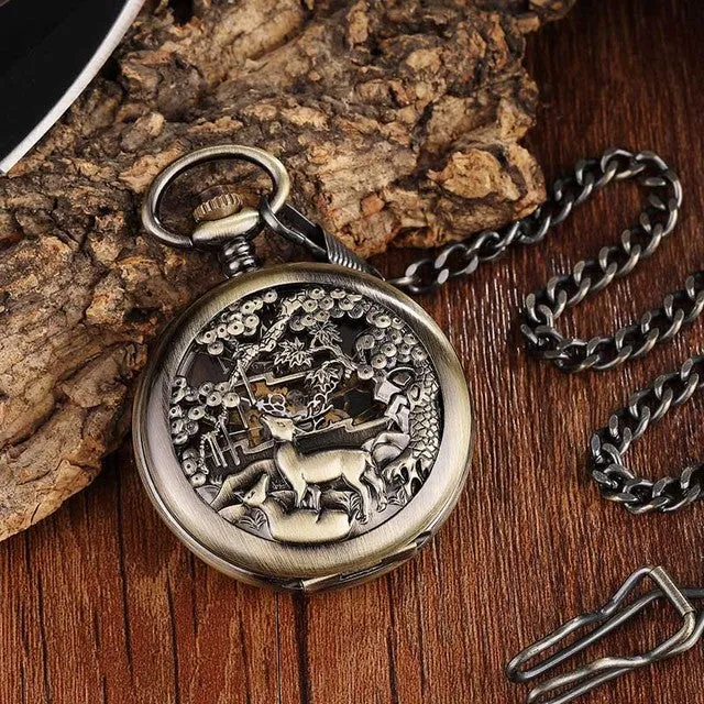 Unisex Golden Sliver Bronze Hollow Goat Deer Mechanical Pocket FOB Watch