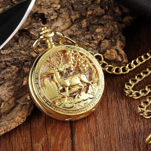 Unisex Golden Sliver Bronze Hollow Goat Deer Mechanical Pocket FOB Watch