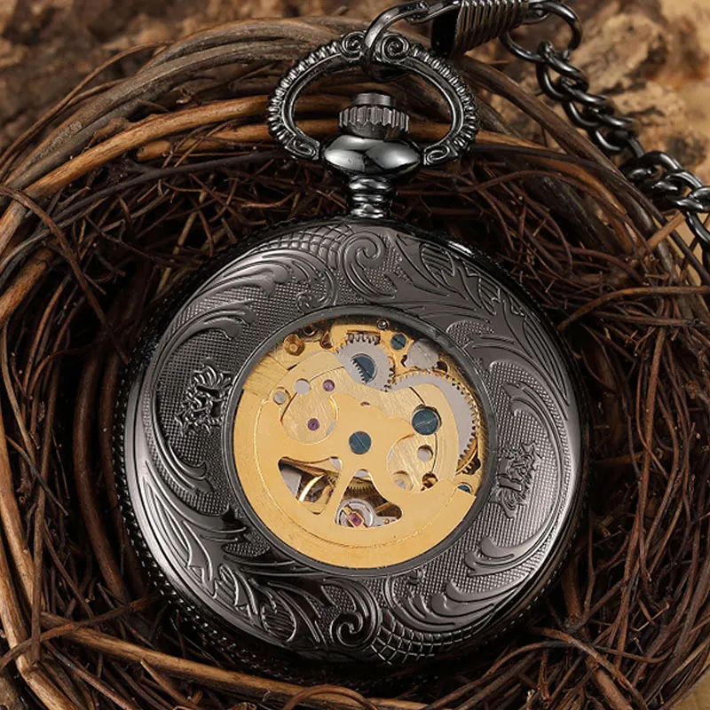 Vintage Unisex Black Hollow Carved Pendant Mechanical Pocket FOB Watch