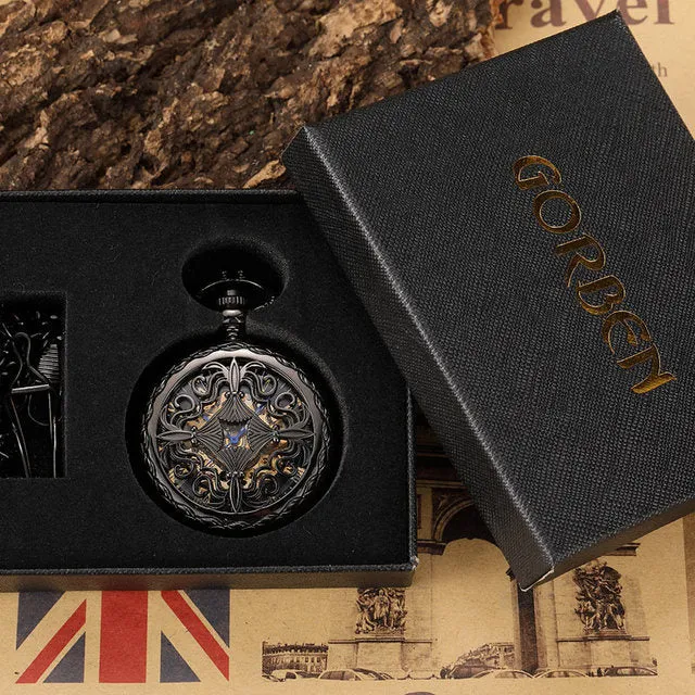 Vintage Unisex Black Hollow Carved Pendant Mechanical Pocket FOB Watch