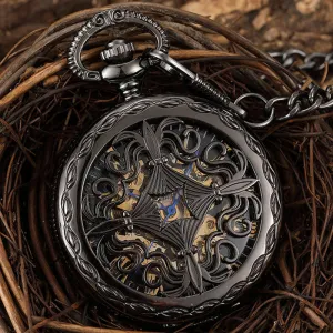 Vintage Unisex Black Hollow Carved Pendant Mechanical Pocket FOB Watch