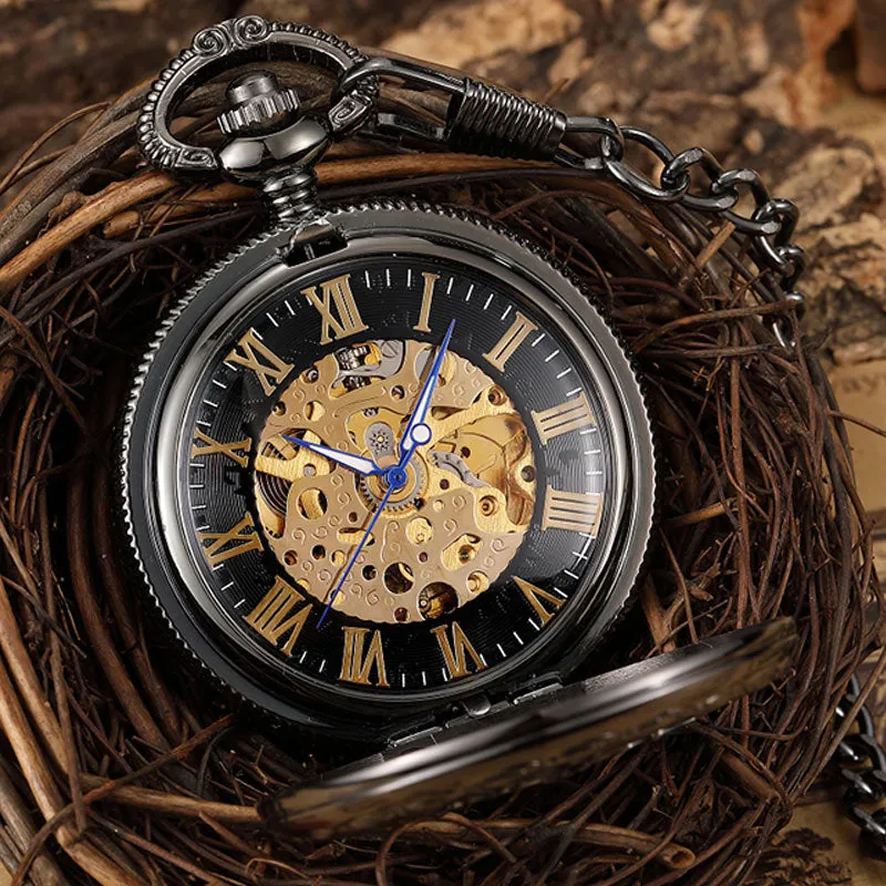 Vintage Unisex Black Hollow Carved Pendant Mechanical Pocket FOB Watch