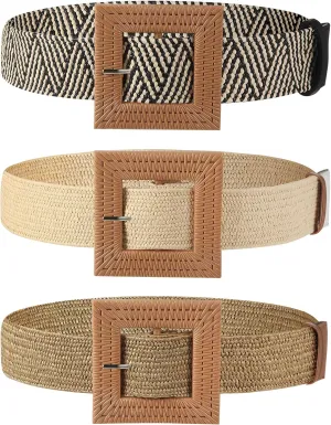 WILLBOND 3 Pcs Straw Belts Woven Elastic Waist Belt for Women Bohemian Dress Braided Belt