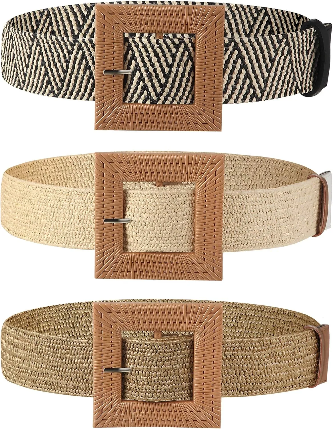 WILLBOND 3 Pcs Straw Belts Woven Elastic Waist Belt for Women Bohemian Dress Braided Belt