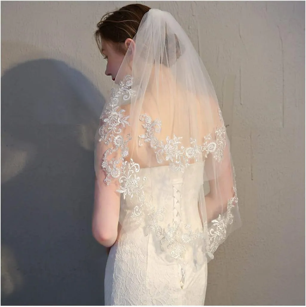 Yalice Floral Bride Wedding Veils for Brides Short Flower Lace Veils 2T 2 Tier Veil Waist Length Bridal Veils Soft Tulle